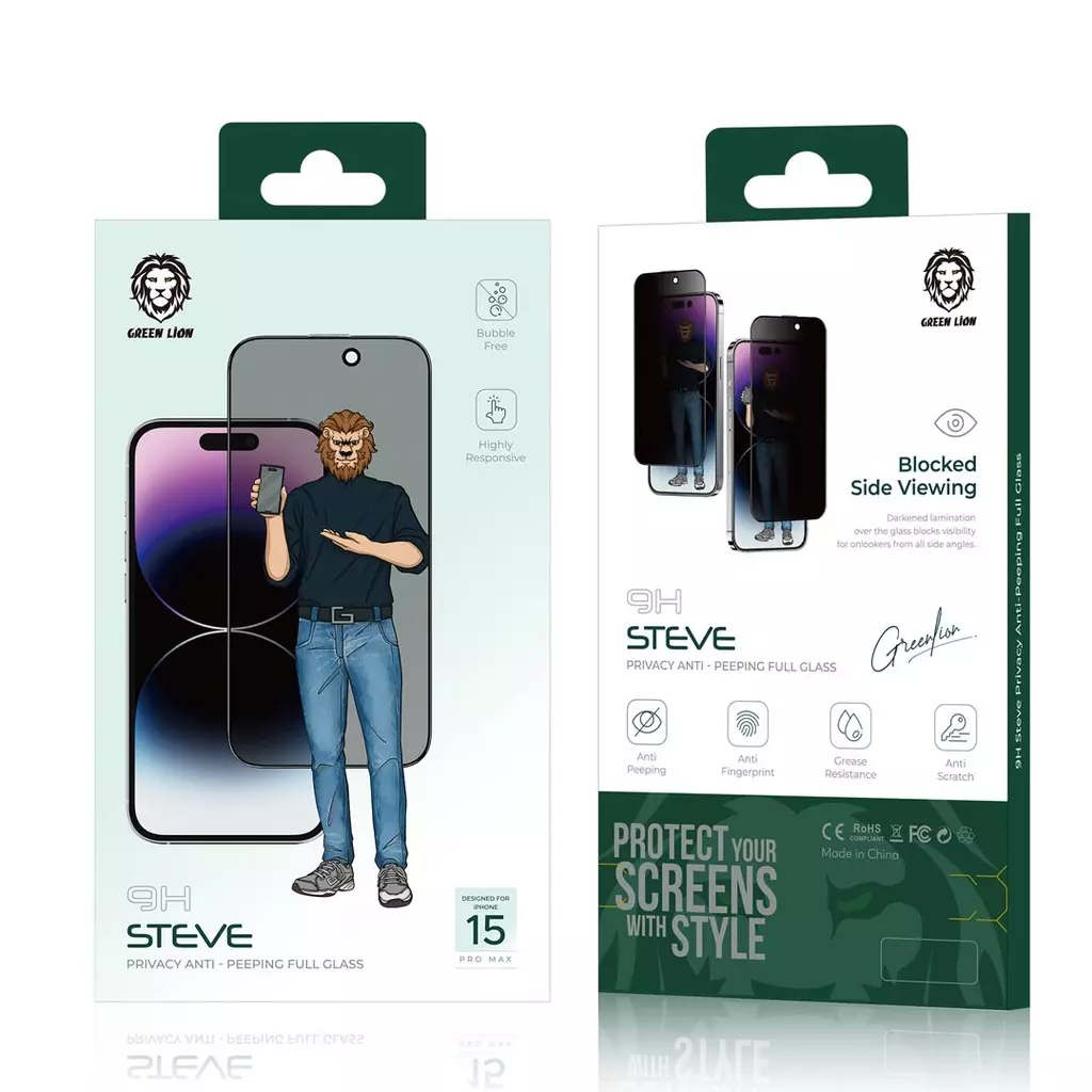 محافظ صفحه نمایش استیو پرایوسی 15پرو مکس گرین Green 9H Steve Privacy Glass 15 Pro Max